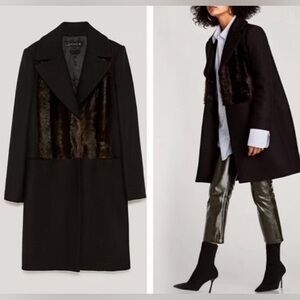 Zara Black Wool Faux Fur Contrasting Coat Medium